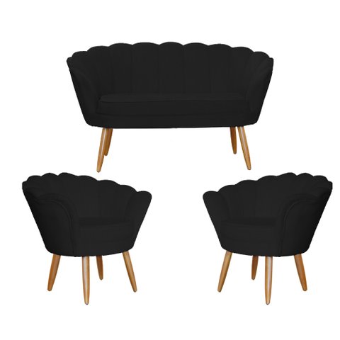 Kit Namoradeira + 2 Poltronas Decorativa Pétala Suede Preto Pés Madeira Mz Decor