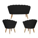 Ver imagem 1 de Kit Namoradeira + 2 Poltronas Decorativa Pétala Suede Preto Pés Madeira Mz Decor
