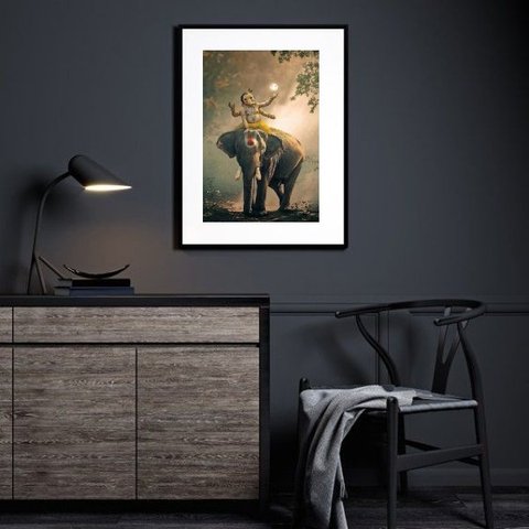 Quadro Lord Ganesha Elefante - 60x48cm:madeira Preta