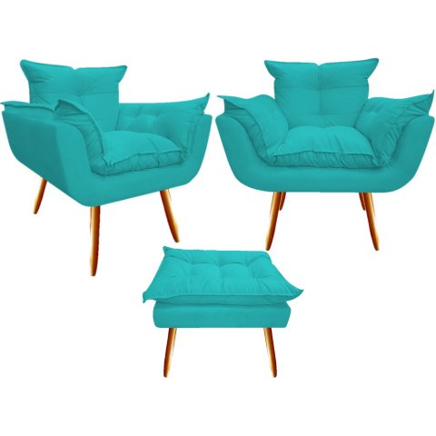 Kit 2 Poltronas + Puff Decorativo Opala Suede Azul Tifany Pés Madeira Ms Decor
