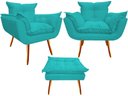 Ver imagem 1 de Kit 2 Poltronas + Puff Decorativo Opala Suede Azul Tifany Pés Madeira Ms Decor