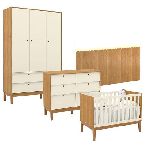 Quarto de Bebê Unique 3 Portas com Cômoda 6 Gavetas e Painel Farm com Led Freijó Off White Eco Wood 