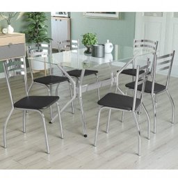 Conjunto Sala de Jantar Mesa Tampo de Vidro Retangular Loire e 6 Cadeiras Portugal Crome - 1 Conjunto Sala de Jantar Mesa Tampo de Vidro Retangular Loire e 6 Cadeiras Portugal Crome - 1
