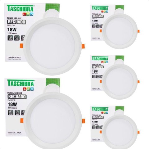 Kit 5 Painel de Led Redondo Embutir Recuado 18w Bivolt Taschibra 6500k Frio