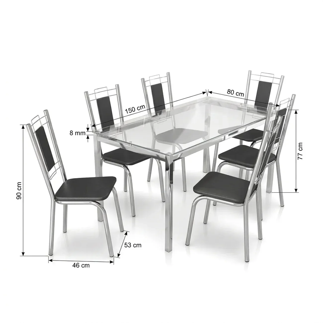 Ver imagem 4 de Conjunto Mesa de Jantar com Vidro Reno e 6 Cadeiras Estofadas Florença Cromado/Preto