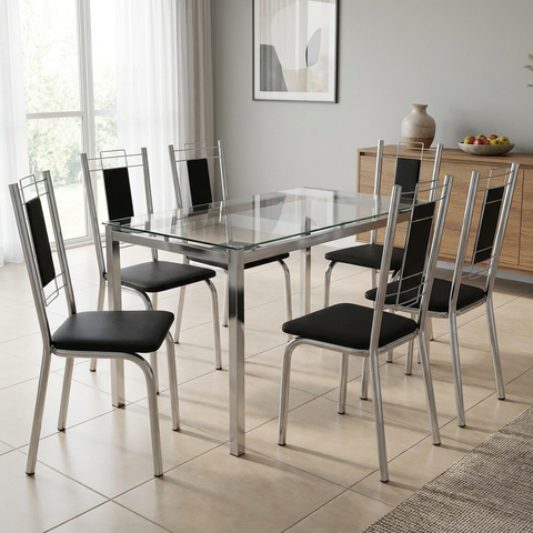 Conjunto Mesa de Jantar com Vidro Reno e 6 Cadeiras Estofadas Florença Cromado/Preto