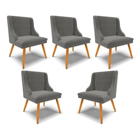 Kit 5 Cadeiras Decorativas Sala de Jantar Pés Palito de Madeira Firenze Suede Grafite/natural