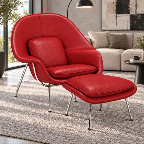 Poltrona Womb Chair com Puff em Couro Ecológico Vermelho