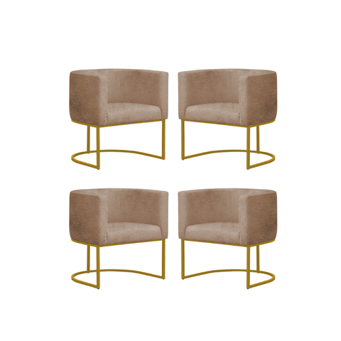 Kit 4 Poltronas Reforçada Decorativa Sala Estar Jantar Gabriela Base Ferro Dourado Suede Capuccino