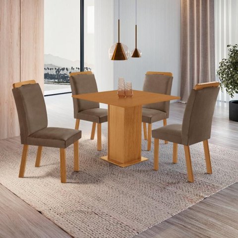 Conjunto Mesa de Jantar 90cm com 4 Cadeiras Estofadas Multimóveis Crrft-CON047 Madeirado/Cappuccino