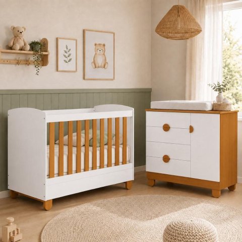 Conjunto Berço 2 em 1 e Cômoda 4 Gavetas Apolo Quarto Bebê