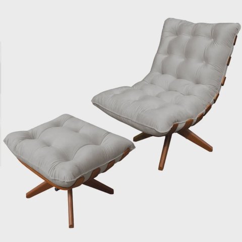 Kit Poltrona com Puff Costela Base em Madeira Giratória - Bege