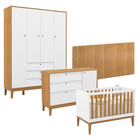 Quarto de Bebê Unique 4 Portas com Cômoda Sapateira e Painel Farm Branco Soft Freijó Eco Wood - Mati