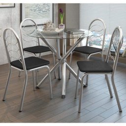 Conjunto Sala de Jantar 1 Mesa Tampo de Vidro Redondo Volga 4 Cadeiras Holanda Crome - 1