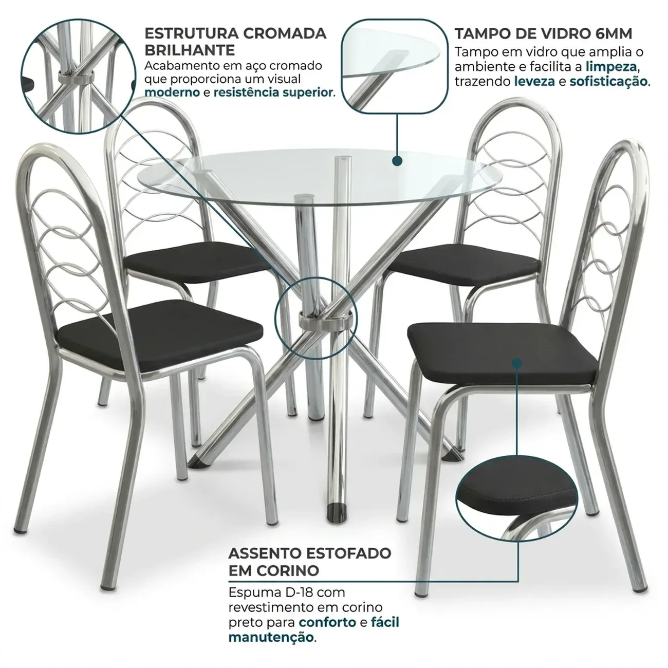 Ver imagem 5 de Conjunto Mesa de Jantar com Tampo de Vidro Volga e 4 Cadeiras Estofadas Holanda Cromado/Preto