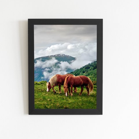 Cavalos Montanhas Paisagem Quadro Moldura Preta 60x40cm