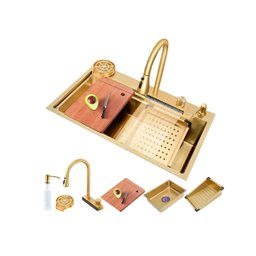 Cuba Gourmet Cozinha Luxo Pia Premium com Torneira Cascata Lavador Copos Dourada Aço Inoxidável - 1