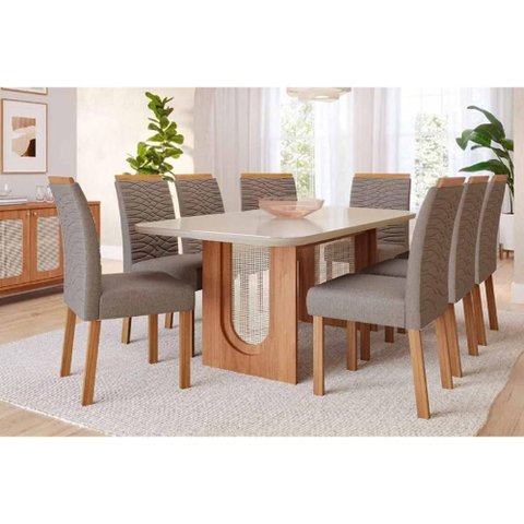 Conjunto: Mesa Sala Jantar Valentina C/ Tampo Madeirado C/ Vidro 210x100cm e 8 Cadeiras Clarice