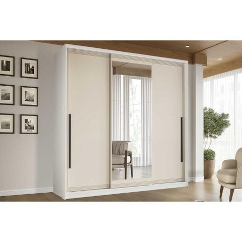 Guarda Roupa 3 Portas de Correr (1 C/ Espelho) e 4 Gavetas Valência Branco/creme - Politorno