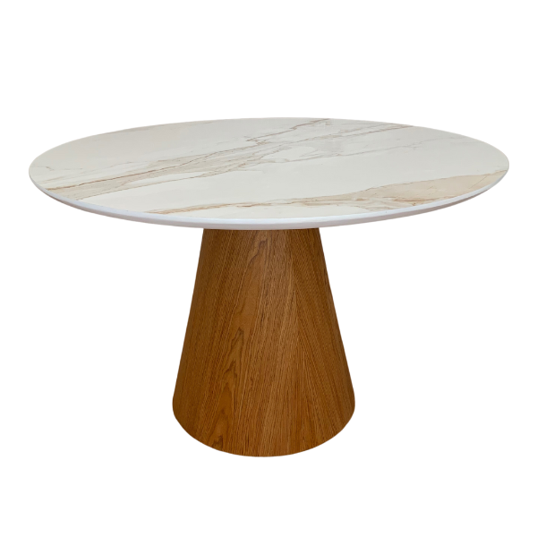 Mesa de Jantar Cone 120 cm Tampo Cerâmica Esmaltada Calacatta Base Freijó Personal Decor Mesa de Jan