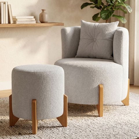 Kit Poltrona e Puff Luna Decorativa Curvo Orgânico Boucle Cinza Claro - Montanaris Decor
