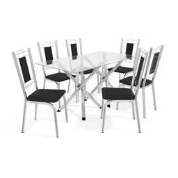 Conjunto Sala de Jantar Mesa Tampo de Vidro Volga e 6 Cadeiras Florença Crome - 3 Conjunto Sala de Jantar Mesa Tampo de Vidro Volga e 6 Cadeiras Florença Crome - 3