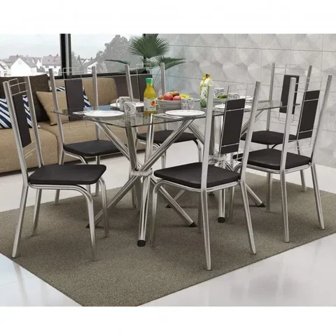 Conjunto Sala de Jantar Mesa Tampo de Vidro Volga e 6 Cadeiras Florença Crome Preto/Cromado