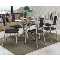 Conjunto Sala de Jantar Mesa Tampo de Vidro Volga e 6 Cadeiras Florença Crome Preto/Cromado - 1 Conjunto Sala de Jantar Mesa Tampo de Vidro Volga e 6 Cadeiras Florença Crome Preto/Cromado - 1