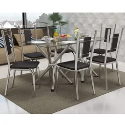 Conjunto Sala de Jantar Mesa Tampo de Vidro Volga e 6 Cadeiras Florença Crome - 1 Conjunto Sala de Jantar Mesa Tampo de Vidro Volga e 6 Cadeiras Florença Crome - 1