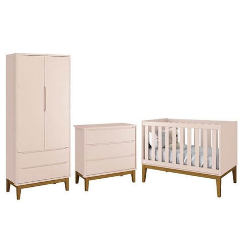 Dormitório Infantil Classic 2 Portas, Cômoda 3 Gavetas e Berço Rosa Fosco com Pés Amadeirado - Relle