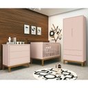 Ver imagem 2 de Dormitório Infantil Classic 2 Portas, Cômoda 3 Gavetas e Berço Rosa Fosco com Pés Amadeirado - Relle