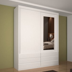 Guarda-roupa Solteiro Eco 08 com Espelho 100% Mdf 2 Portas 6 Gavetas Bom Pastor - Branco