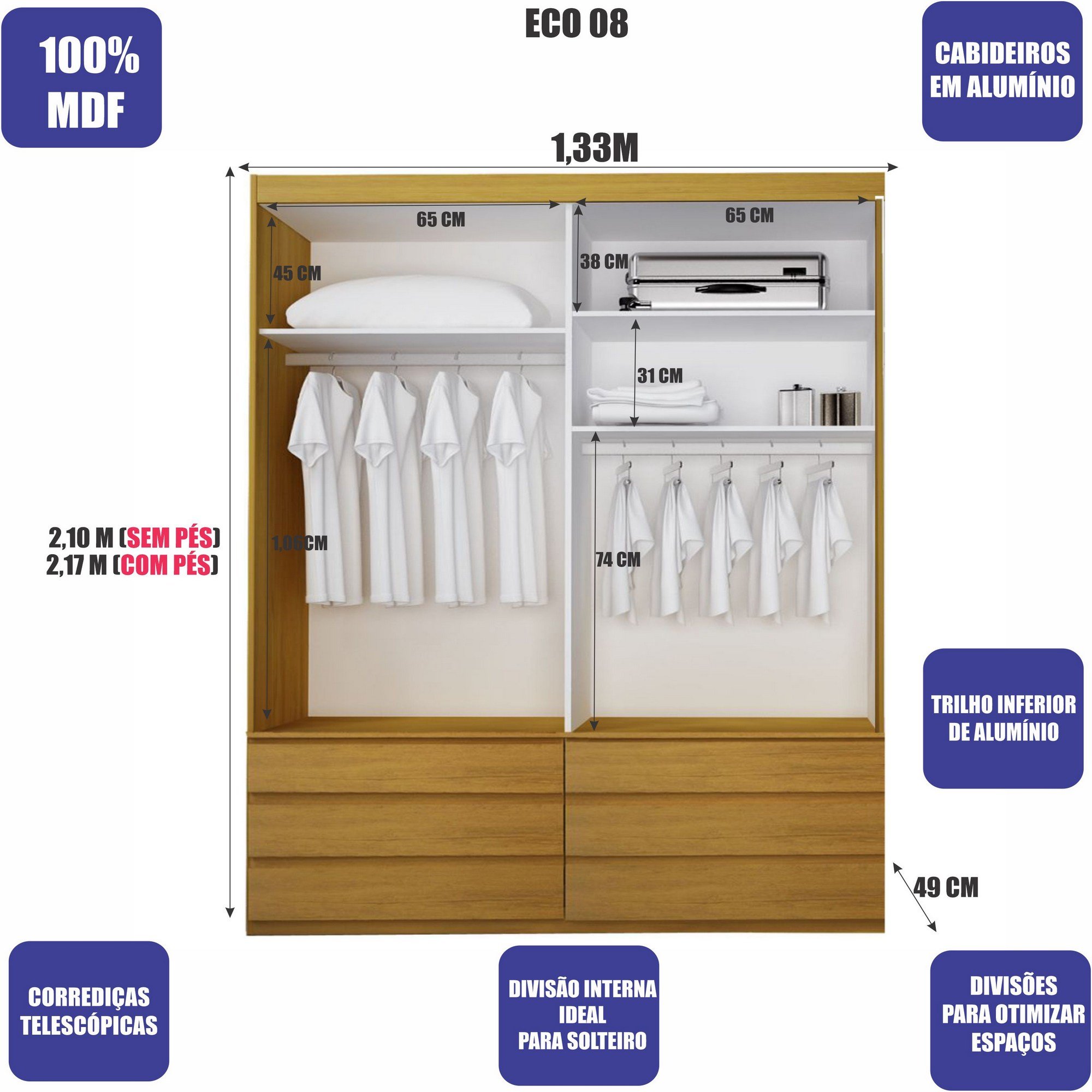 Guarda-roupa Solteiro Eco 08 com Espelho 100% Mdf 2 Portas 6 Gavetas Bom Pastor - Branco - 4