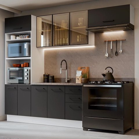Cozinha Completa Agata 9 Portas MDP 270cm Branco e Preto Madesa