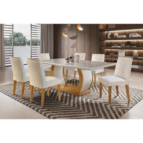 Sala de Jantar Completa 180cm + 6 Cadeiras Imbuia Veludo Creme