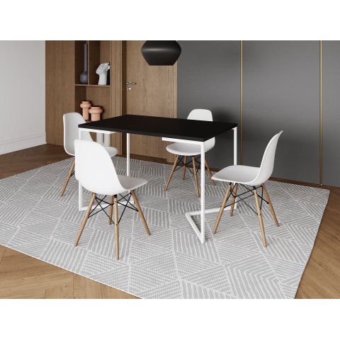 Mesa de Jantar Industrial Base Ferro Branco em  V  Tampo 137x90 Preto 4 Cadeiras Eames Madeira Assen