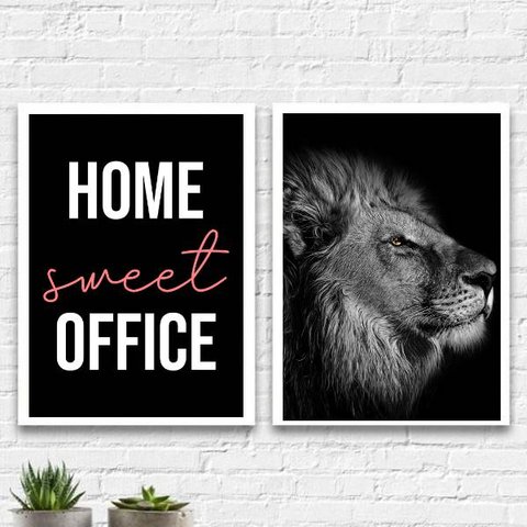 Kit 2 Quadros Home Sweet Office Leão 24x18cm - com vidro:Madeira branca