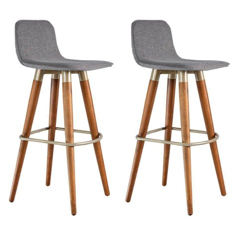 Kit 2 Banquetas Altas Luxo Linea Aço Champanhe Linho Cinza