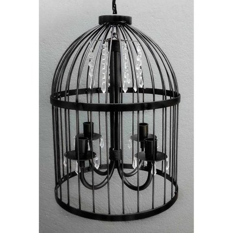 Lustre na Gaiola com Cristais de Acrílico Pendente Artesanal em Ferro - Preto