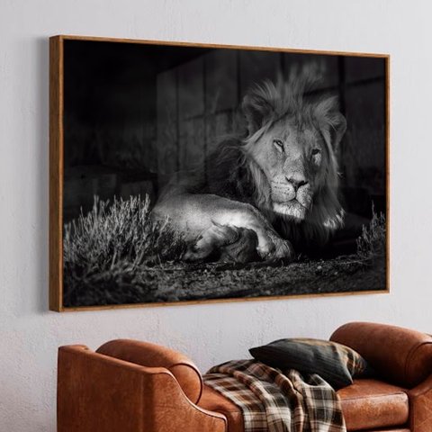 Quadro Decorativo Leão Preto e Branco em Moldura Caixa Tacolado Moldura Trad 1cm Branca com Vidro 20
