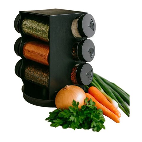 Porta Condimentos Giratório 6 Potes Vidro 80ml Suporte Preto
