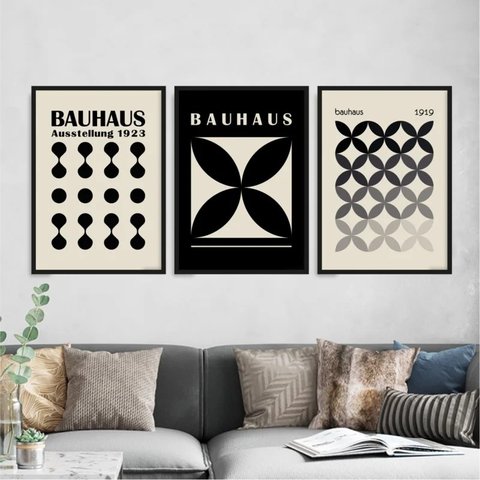 Kit 3 Quadros Abstratos Bauhaus Preto e Cinza 33x24cm - com vidro:Madeira preta