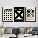 Ver imagem 1 de Kit 3 Quadros Abstratos Bauhaus Preto e Cinza 33x24cm - com vidro:Madeira preta