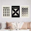 Ver imagem 2 de Kit 3 Quadros Abstratos Bauhaus Preto e Cinza 33x24cm - com vidro:Madeira preta
