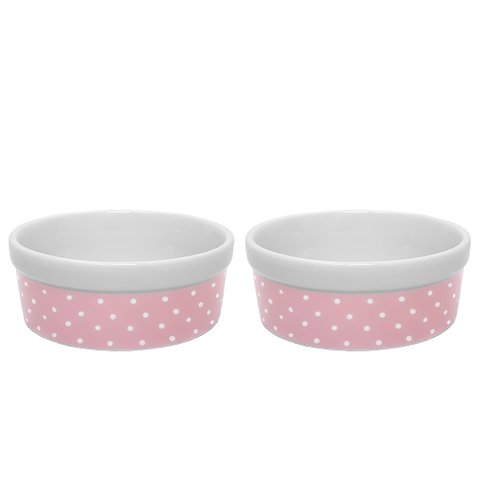 Kit Comedouro e Bebedouro de Porcelana 300ml Rosa Bolinhas