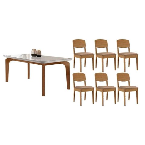 Conjunto: Mesa Sala Jantar Londrina C/ Tampo Madeirado C/ Vidro Canto Curvo 180x90cm e 6 Cadeiras
