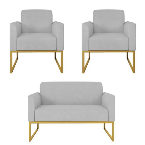 Kit 01 Namoradeira e 02 Poltronas Marisa Suede Cinza Base Industrial Metálica Dourado D’Rossi