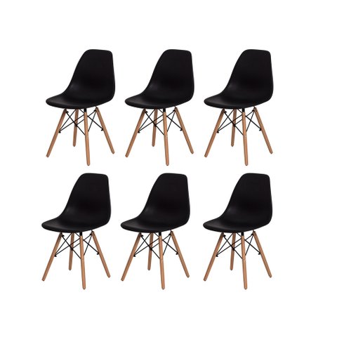Kit 6 Cadeiras Dkr Eames Polipropileno Base Eiffel Madeira Preta Prolar