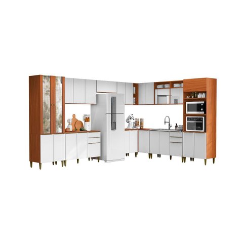 Jogo de Cozinha Modulada Luana em L de 388cmx285cm - Cimamomo/Branco Aramóveis