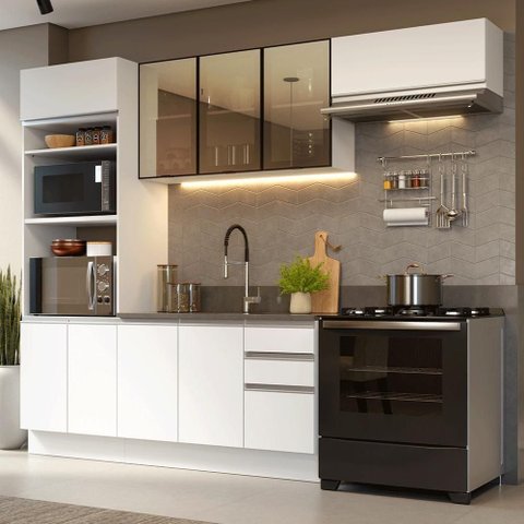 Armário de Cozinha Completa Glamy 9 Portas 3 Gavetas MDP 270cm Branco Madesa